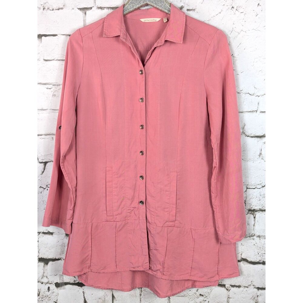SOFT SURROUNDINGS "Island Breeze" Rose Pink Peplum Pockets Tunic Shirt Medium